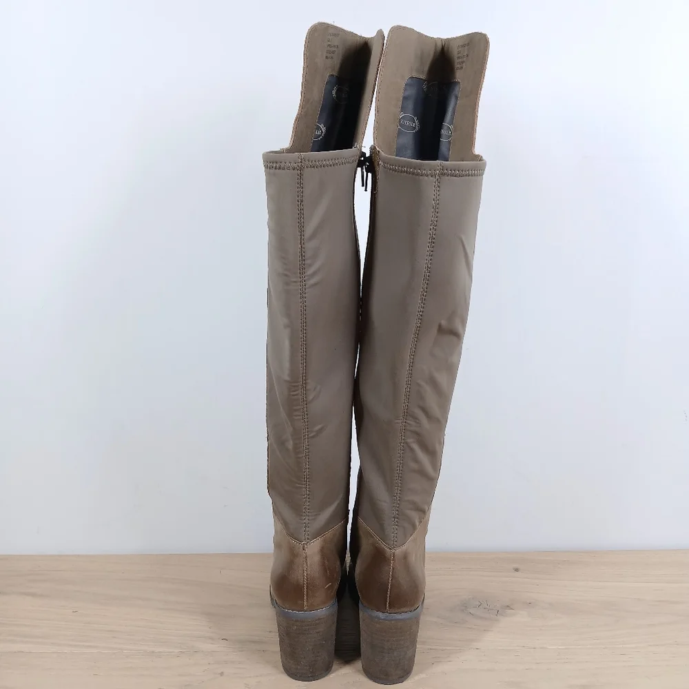 Joyfolie Grayson Tan Brown Leather Over the Knee‎ Stretch Block Heel Boots 1579